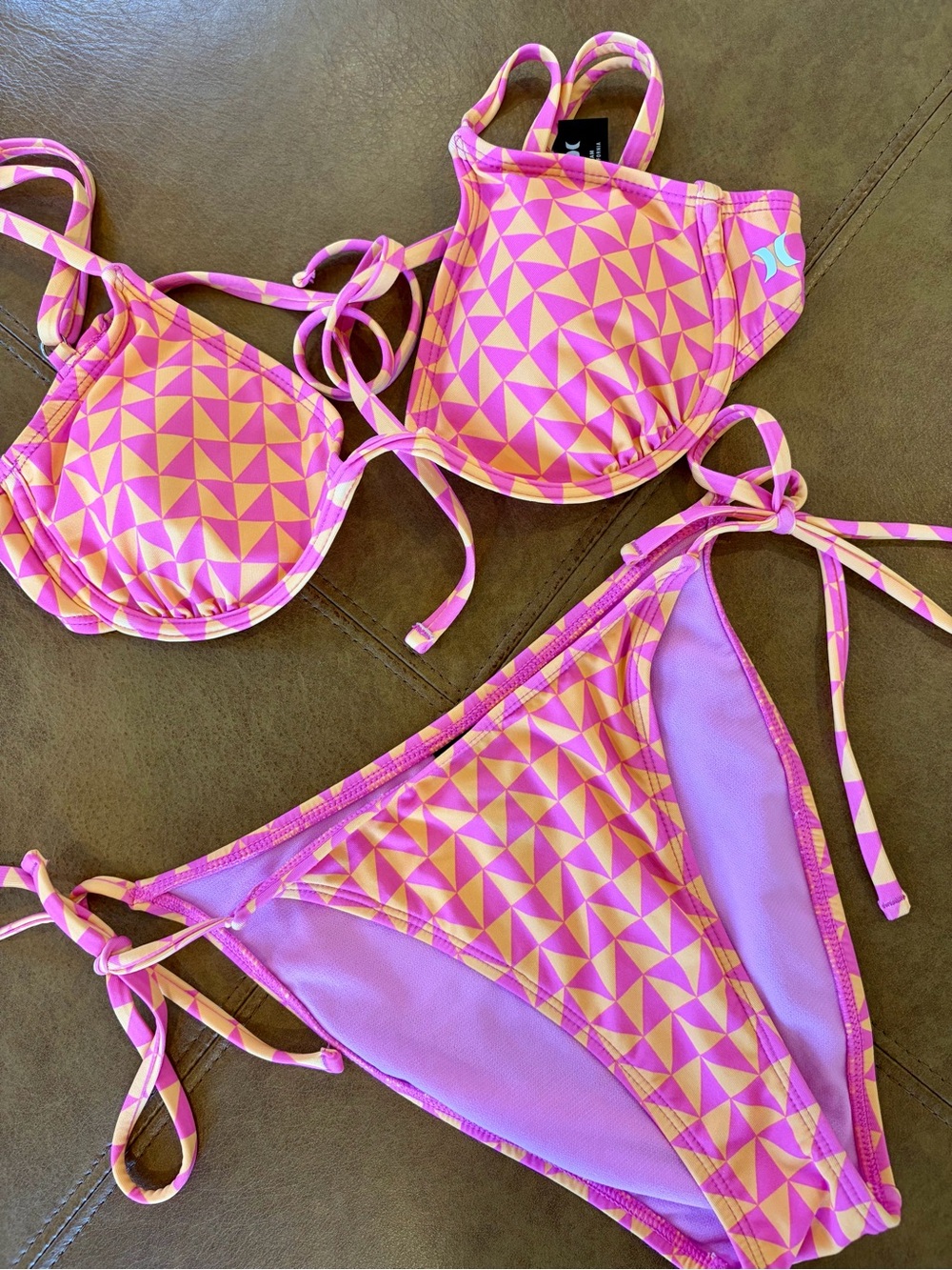 Hurley Pink & Orange Geometric Tie-Side Bikini